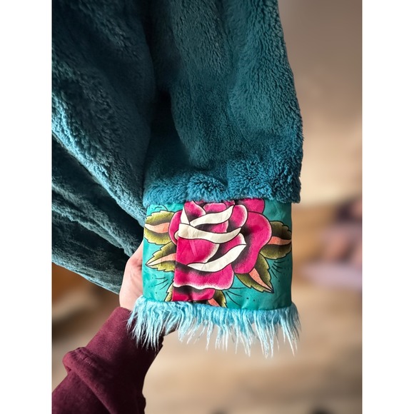 Unique Grunge Turquoise Faux Fur Coat Colorful Tattoo Print Lined Collar Cuffs - Picture 11 of 15
